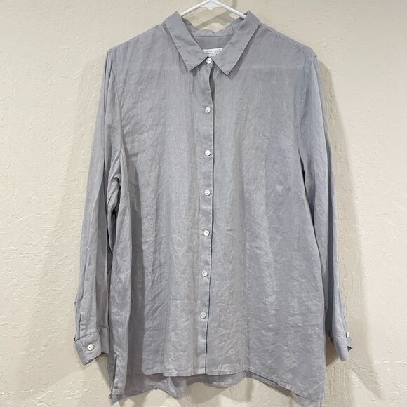 ~ J.Jill XLp Love Linen Essential Shirt Blouse Top Long Sleeve Button Gray PXL - Picture 3 of 10